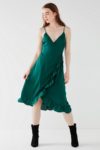 Ruffle hem satin wrap midi dress, $20, urbanoutfitters.com